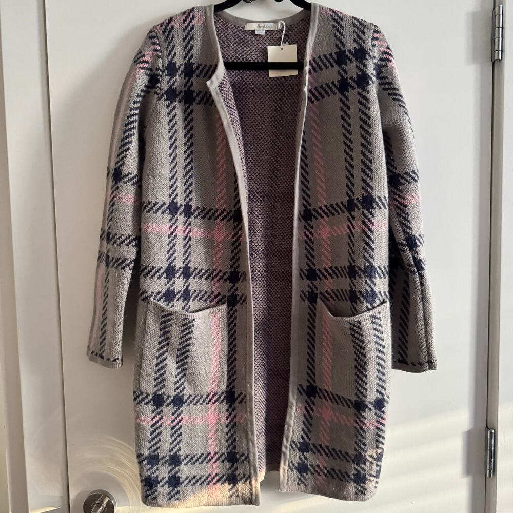 Boden Gray Plaid Open-Front Cardigan with Pink and Navy Accents